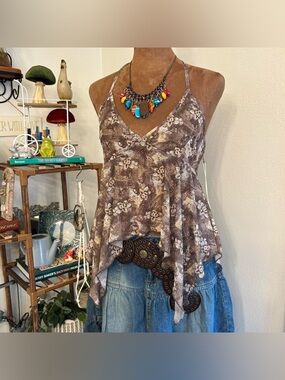 Brown Sheer Floral Print Asymmetrical Hem Cropped Halter Top by West of Melrose